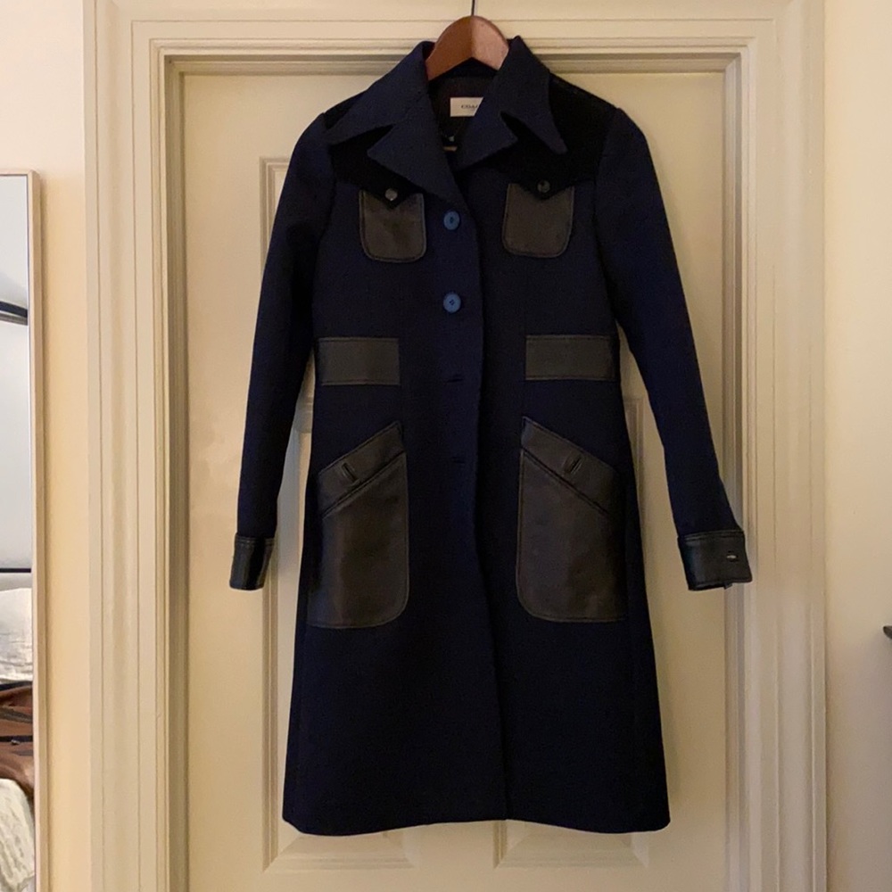Coach Navy Coat with Leather Detail